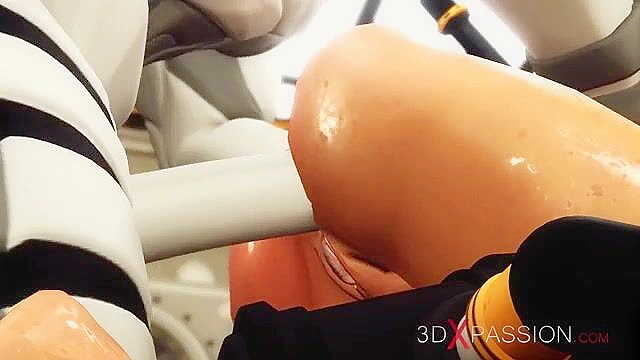 Sci-fi sex cyborg fucks hard a hot brunettes ass while bound