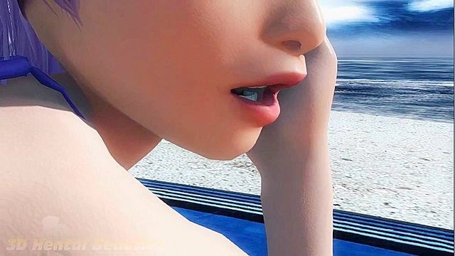 DOA babes take turns giving a blowjob and footjob on the beach