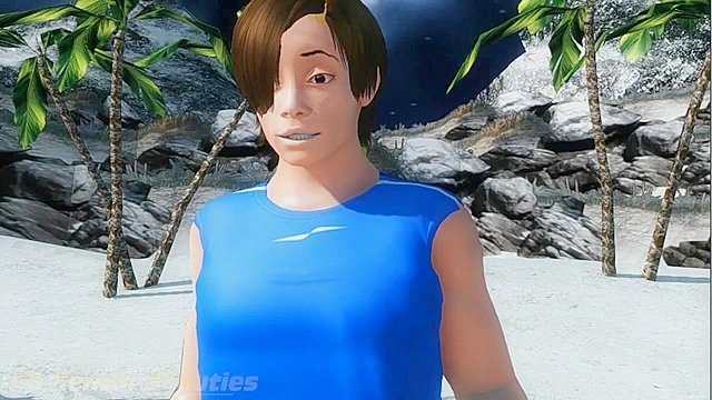 DOA babes take turns giving a blowjob and footjob on the beach