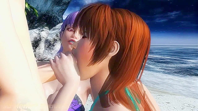 DOA babes take turns giving a blowjob and footjob on the beach