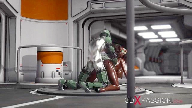 Horny black girl gets face fucked hard by a sex android with silver dick