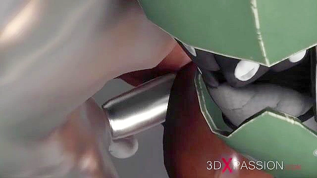 Horny black girl gets face fucked hard by a sex android with silver dick