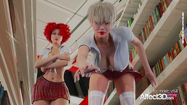 Busty redhead futanari and a blonde schoolgirl face fucking in a library