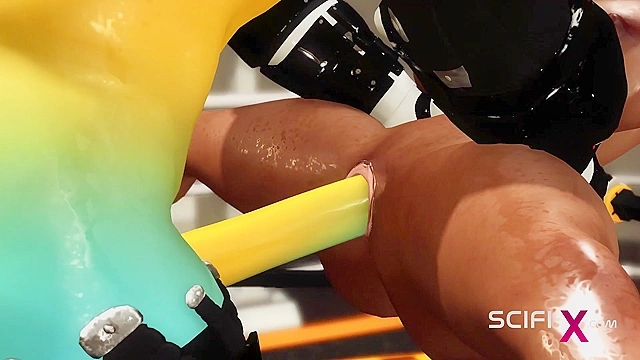 3D ebony girl has sex with a sci-fi android in the lab