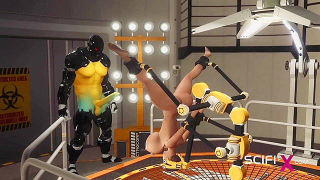 3D ebony girl has sex with a sci-fi android in the lab