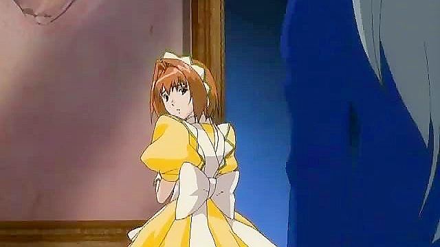 Busty hentai servant gets on her knees to suck dick then ride with her pussy