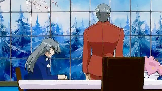 Busty hentai servant gets on her knees to suck dick then ride with her pussy