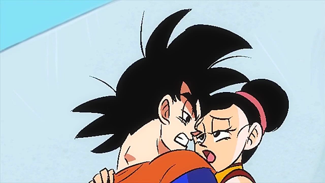 Chichi gets on her knees and deepthroat's goku's meaty cock
