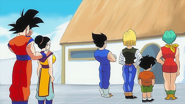 Chichi gets on her knees and deepthroat's goku's meaty cock