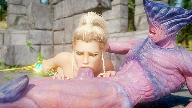 Busty 3d blonde deepthroats a demon cock then takes rough doggy style pounding