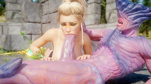 Busty 3d blonde deepthroats a demon cock then takes rough doggy style pounding