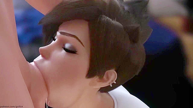 Tracer from Overwatch gets her mouth fucked by big dick in 3some