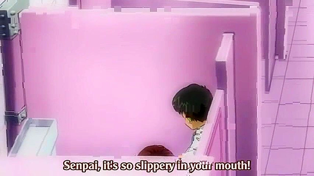 Dirty schoolgirl gives a sloppy blowjob in the bathroom to shy guy