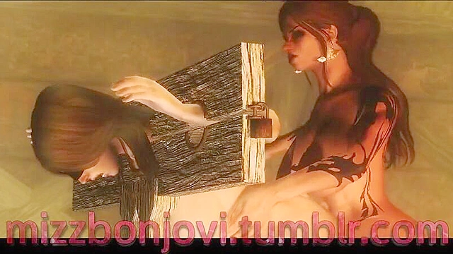 Sex babe gets slammed with a giant futa cock while shackled in stocks