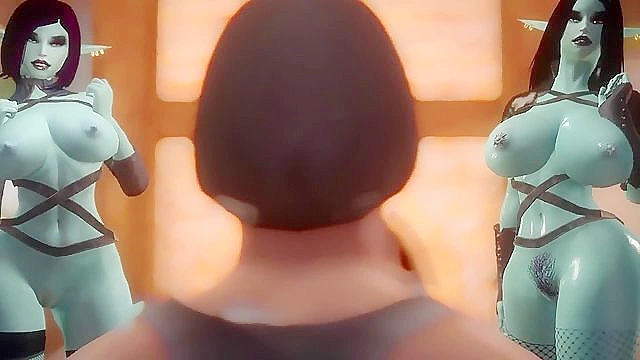 Sexy elf with huge tits gives a blowjob then shares in a 3some with her friend