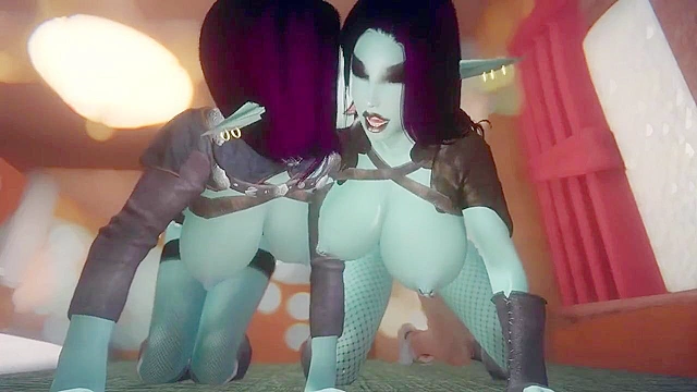 Sexy elf with huge tits gives a blowjob then shares in a 3some with her friend