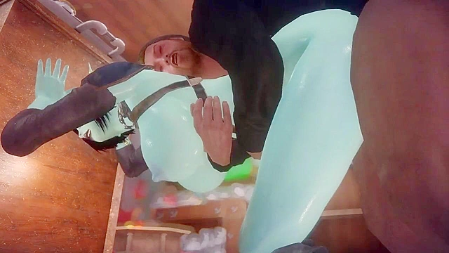 Sexy elf with huge tits gives a blowjob then shares in a 3some with her friend