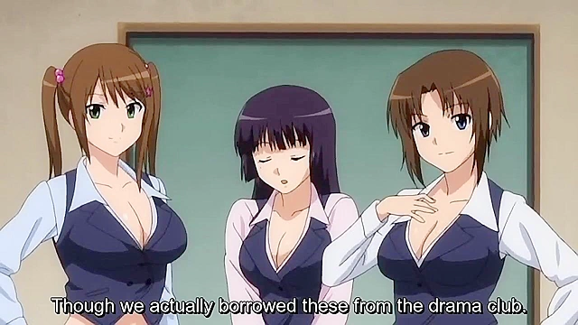 Sporty teen anime girls have an orgy with multiple facials in the school library