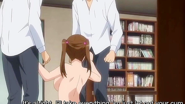Sporty teen anime girls have an orgy with multiple facials in the school library