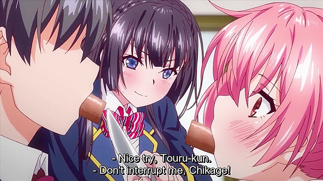 Real Erogame Situation 2 ep2 - Two busty anime girls suck dick till sprayed with cum facial