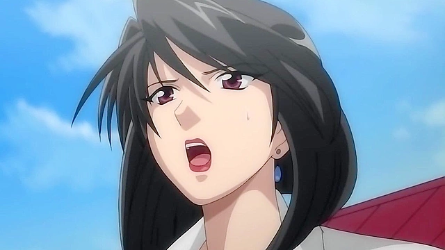 Busty anime teacher is caught masturbating and is fucked by two students