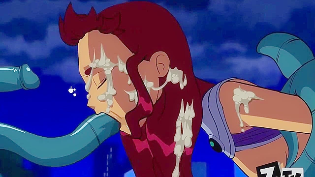 Tentacle monster double penetrates Raven and Starfire