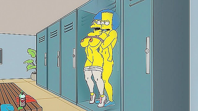 Bart gives Marge Simpson a rough anal fuck in the locker room