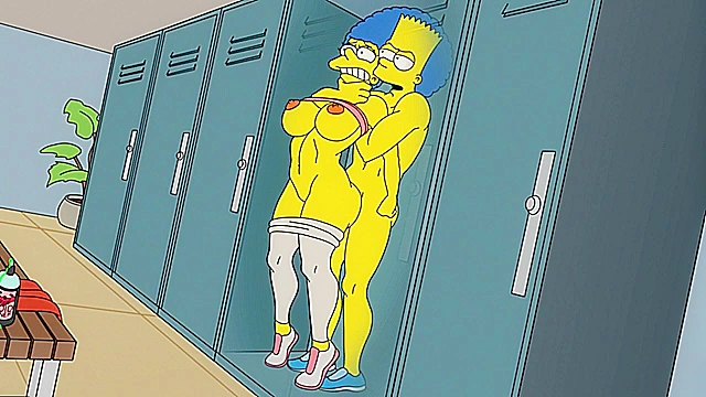 Bart gives Marge Simpson a rough anal fuck in the locker room