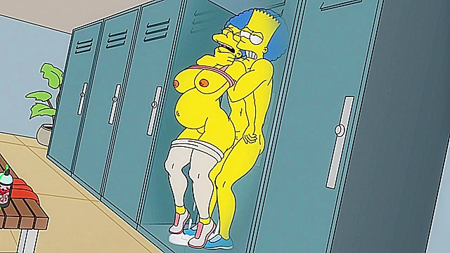Bart gives Marge Simpson a rough anal fuck in the locker room