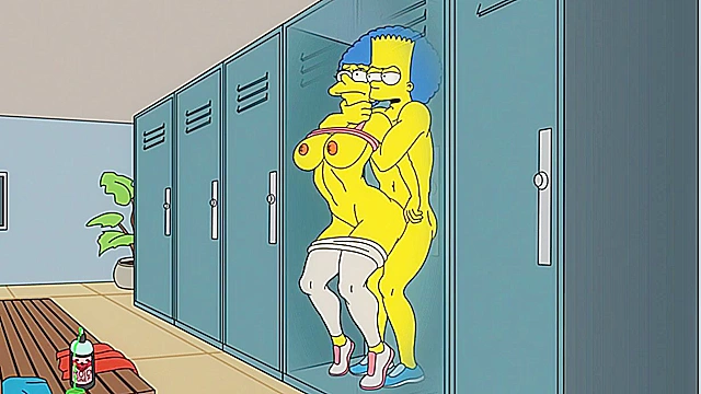 Bart gives Marge Simpson a rough anal fuck in the locker room