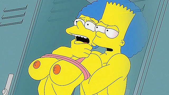 Bart gives Marge Simpson a rough anal fuck in the locker room