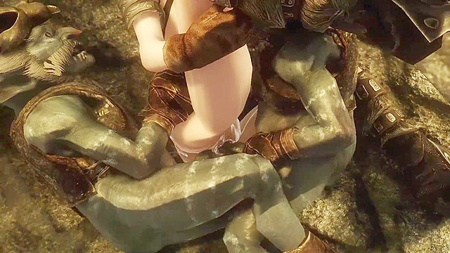 Busty elf with bald pussy gets double penetrated by goblins