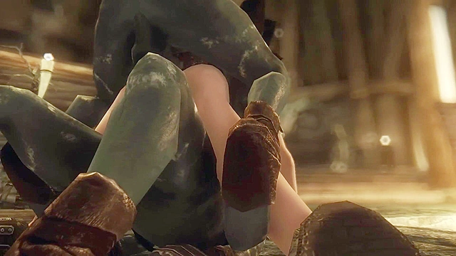 Busty elf with bald pussy gets double penetrated by goblins