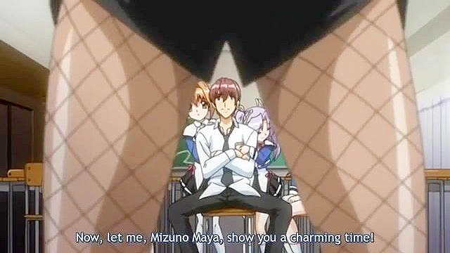 School peeper has three anime schoolgirls riding his dick at once