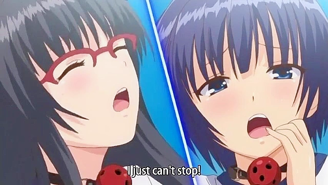 Cute hentai teen is gagged, dildoed and fucked while friend is watching