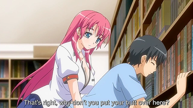 Busty hentai schoolgirl in pink panties gives a lusty blowjob under the desk