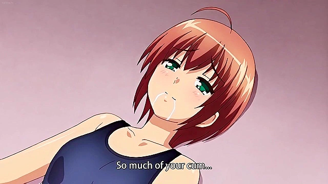 Cute anime teen in swimsuit gets her face fucked in the locker room