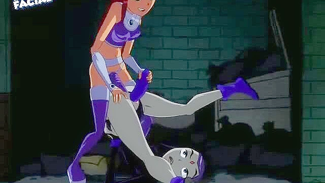 Starfire lesbian ass fucks Raven with a strapon and dildo