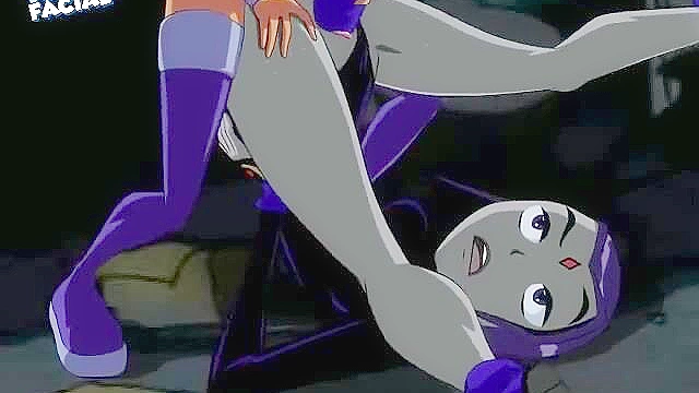 Starfire lesbian ass fucks Raven with a strapon and dildo