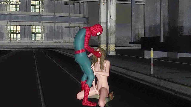 Brunette gets her face fucked by Spiderman