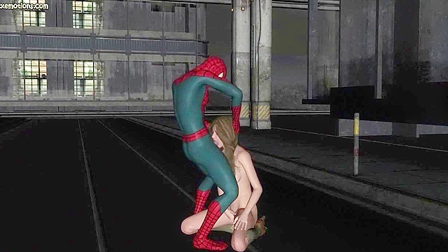 Brunette gets her face fucked by Spiderman
