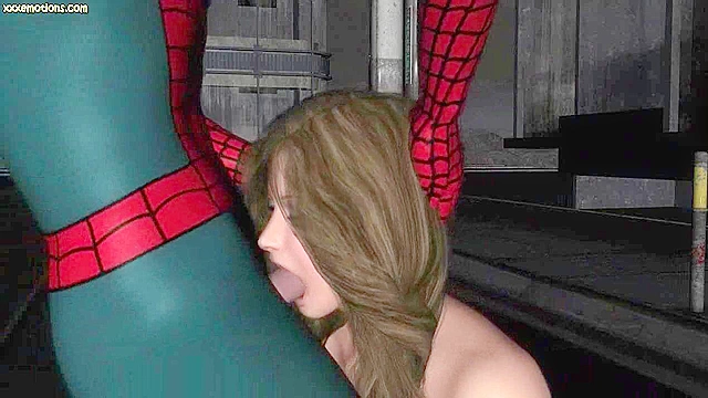 Brunette gets her face fucked by Spiderman