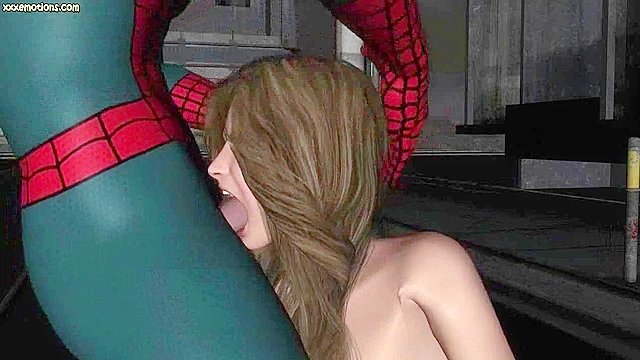 Brunette gets her face fucked by Spiderman