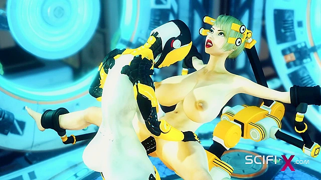 3D Sci-fi BDSM - A sexy young slut and shemale android in the lab