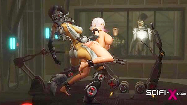 Area 51. Sci-fi android futa ass fucks a sexy busty hottie in the lab