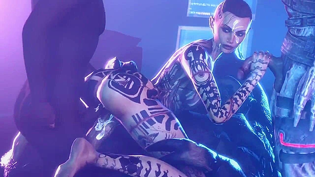Hot tattooed Jack from Mass Effect gives up her pussy to all the freaky alien dick