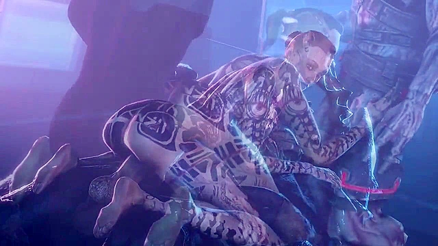 Hot tattooed Jack from Mass Effect gives up her pussy to all the freaky alien dick