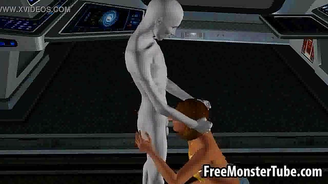 3D Brunette Babe Sucks Alien's Hard Dick With Seductive Handjob