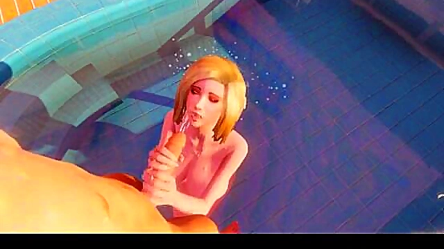 Busty 3D Blonde Babe Gets Facial By The Poolside