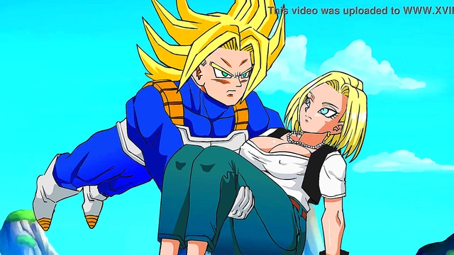 Trunks Rescues Big-Busted Android 18 for Panty Shoot & Creampie Finish